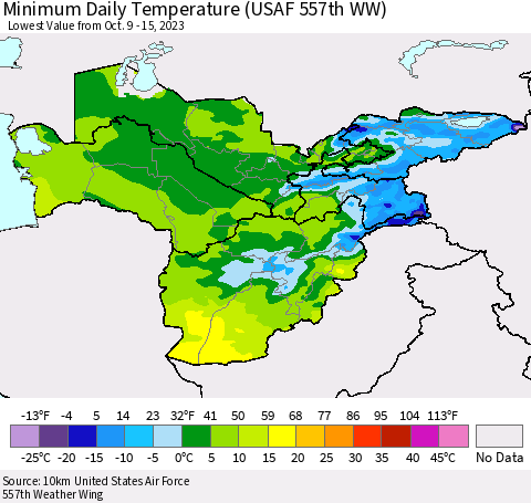 Central Asia Minimum Daily Temperature (USAF 557th WW) Thematic Map For 10/9/2023 - 10/15/2023