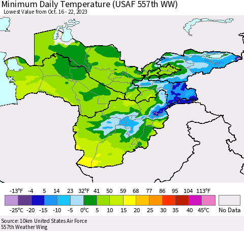Central Asia Minimum Daily Temperature (USAF 557th WW) Thematic Map For 10/16/2023 - 10/22/2023