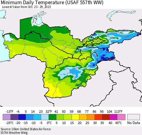 Central Asia Minimum Daily Temperature (USAF 557th WW) Thematic Map For 10/23/2023 - 10/29/2023