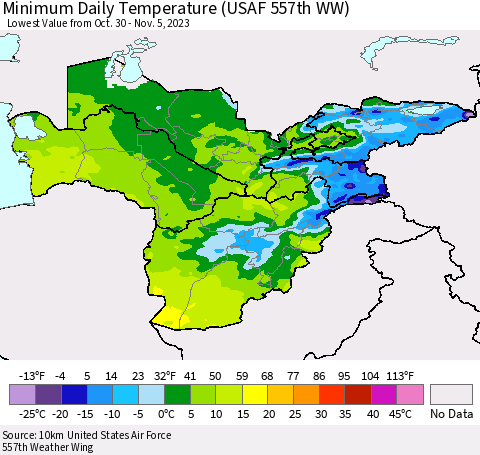 Central Asia Minimum Daily Temperature (USAF 557th WW) Thematic Map For 10/30/2023 - 11/5/2023