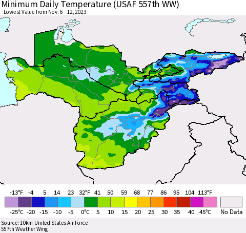 Central Asia Minimum Daily Temperature (USAF 557th WW) Thematic Map For 11/6/2023 - 11/12/2023