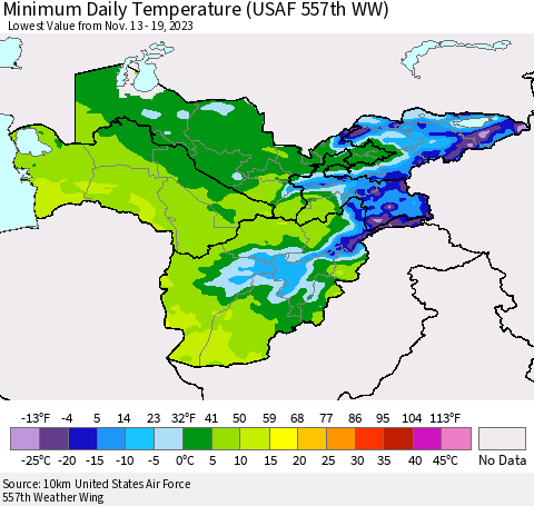 Central Asia Minimum Daily Temperature (USAF 557th WW) Thematic Map For 11/13/2023 - 11/19/2023