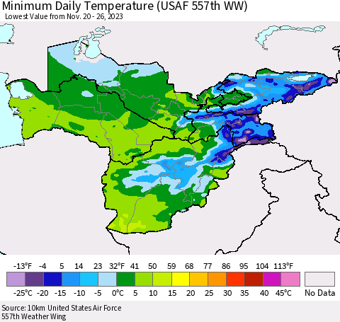 Central Asia Minimum Daily Temperature (USAF 557th WW) Thematic Map For 11/20/2023 - 11/26/2023
