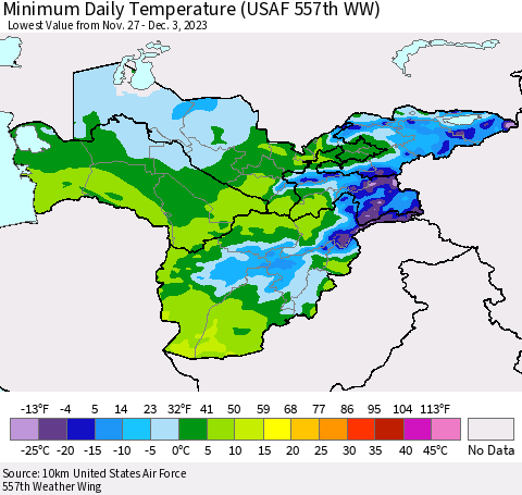 Central Asia Minimum Daily Temperature (USAF 557th WW) Thematic Map For 11/27/2023 - 12/3/2023