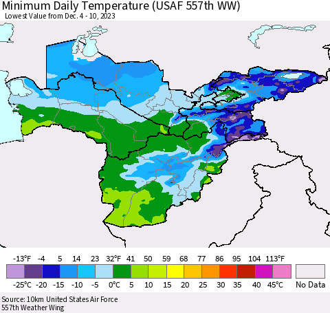 Central Asia Minimum Daily Temperature (USAF 557th WW) Thematic Map For 12/4/2023 - 12/10/2023