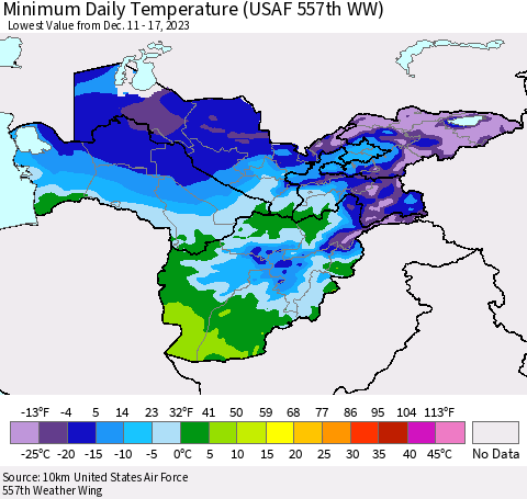 Central Asia Minimum Daily Temperature (USAF 557th WW) Thematic Map For 12/11/2023 - 12/17/2023