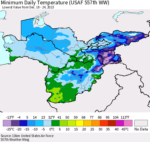 Central Asia Minimum Daily Temperature (USAF 557th WW) Thematic Map For 12/18/2023 - 12/24/2023