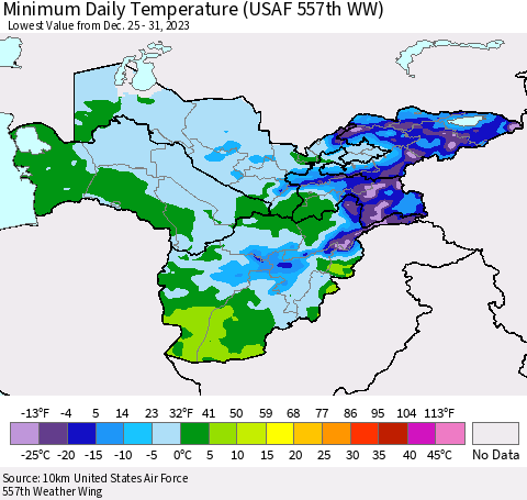 Central Asia Minimum Daily Temperature (USAF 557th WW) Thematic Map For 12/25/2023 - 12/31/2023