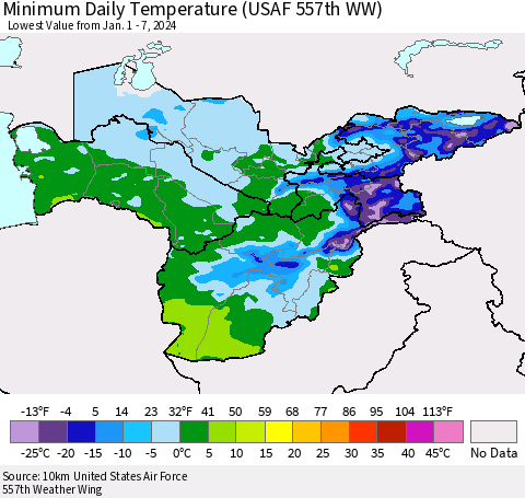 Central Asia Minimum Daily Temperature (USAF 557th WW) Thematic Map For 1/1/2024 - 1/7/2024