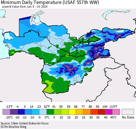 Central Asia Minimum Daily Temperature (USAF 557th WW) Thematic Map For 1/8/2024 - 1/14/2024