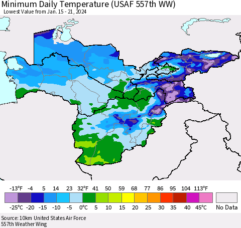 Central Asia Minimum Daily Temperature (USAF 557th WW) Thematic Map For 1/15/2024 - 1/21/2024