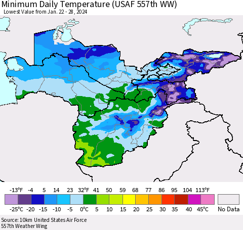 Central Asia Minimum Daily Temperature (USAF 557th WW) Thematic Map For 1/22/2024 - 1/28/2024