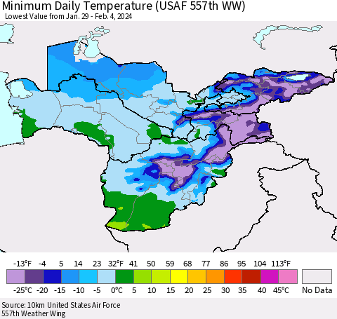Central Asia Minimum Daily Temperature (USAF 557th WW) Thematic Map For 1/29/2024 - 2/4/2024