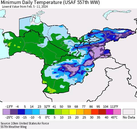 Central Asia Minimum Daily Temperature (USAF 557th WW) Thematic Map For 2/5/2024 - 2/11/2024