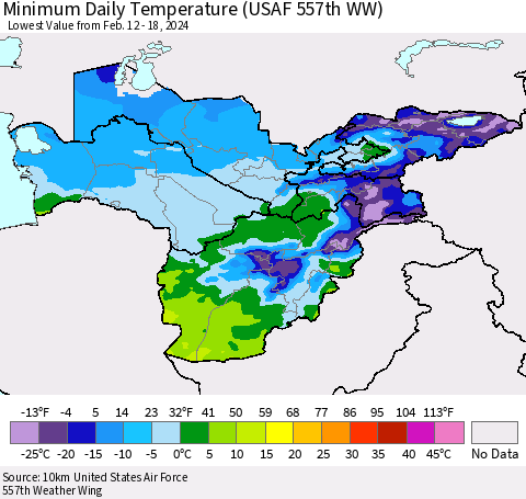 Central Asia Minimum Daily Temperature (USAF 557th WW) Thematic Map For 2/12/2024 - 2/18/2024