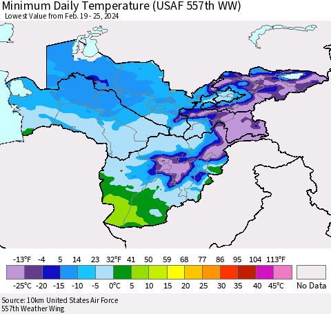 Central Asia Minimum Daily Temperature (USAF 557th WW) Thematic Map For 2/19/2024 - 2/25/2024