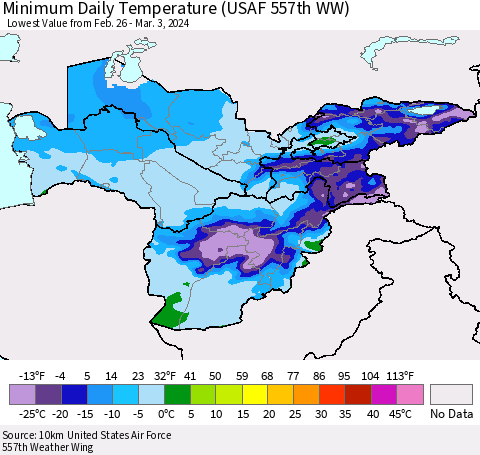 Central Asia Minimum Daily Temperature (USAF 557th WW) Thematic Map For 2/26/2024 - 3/3/2024