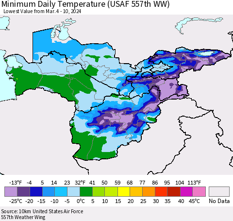 Central Asia Minimum Daily Temperature (USAF 557th WW) Thematic Map For 3/4/2024 - 3/10/2024
