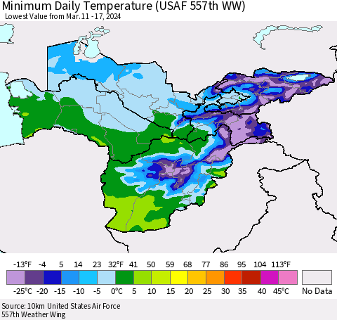 Central Asia Minimum Daily Temperature (USAF 557th WW) Thematic Map For 3/11/2024 - 3/17/2024