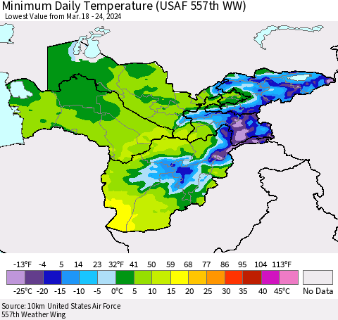 Central Asia Minimum Daily Temperature (USAF 557th WW) Thematic Map For 3/18/2024 - 3/24/2024