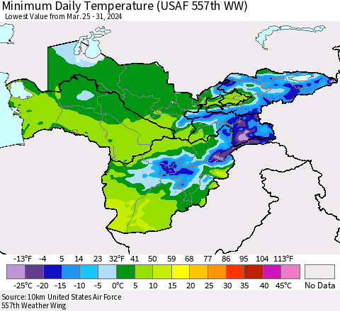 Central Asia Minimum Daily Temperature (USAF 557th WW) Thematic Map For 3/25/2024 - 3/31/2024