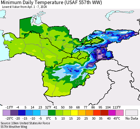 Central Asia Minimum Daily Temperature (USAF 557th WW) Thematic Map For 4/1/2024 - 4/7/2024