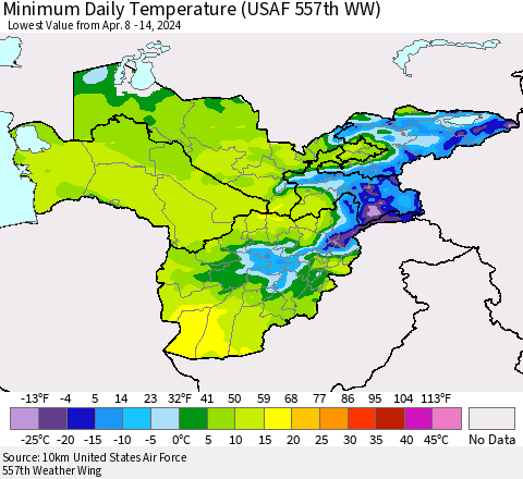 Central Asia Minimum Daily Temperature (USAF 557th WW) Thematic Map For 4/8/2024 - 4/14/2024