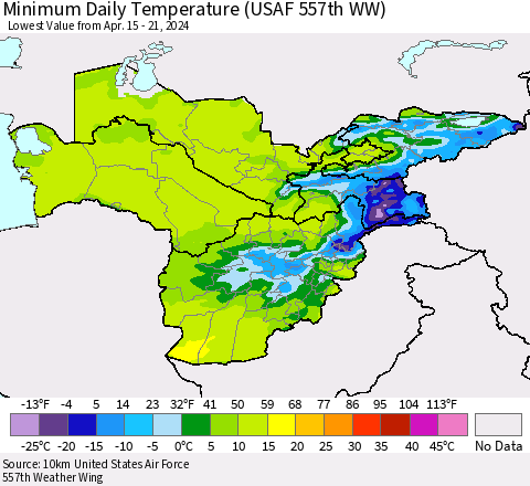 Central Asia Minimum Daily Temperature (USAF 557th WW) Thematic Map For 4/15/2024 - 4/21/2024