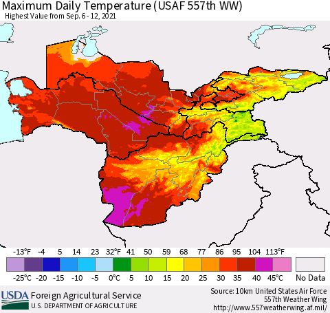 Central Asia Maximum Daily Temperature (USAF 557th WW) Thematic Map For 9/6/2021 - 9/12/2021