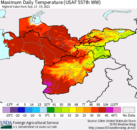 Central Asia Maximum Daily Temperature (USAF 557th WW) Thematic Map For 9/13/2021 - 9/19/2021