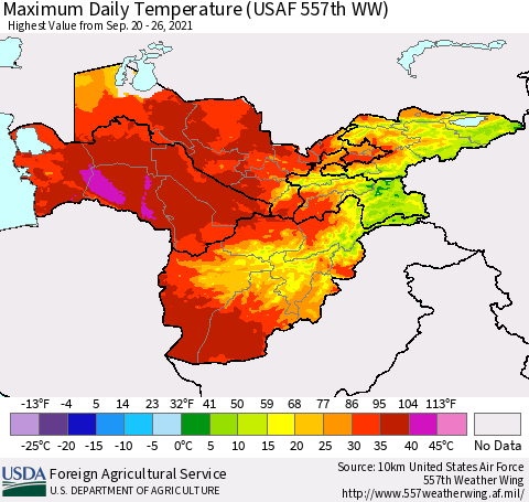 Central Asia Maximum Daily Temperature (USAF 557th WW) Thematic Map For 9/20/2021 - 9/26/2021