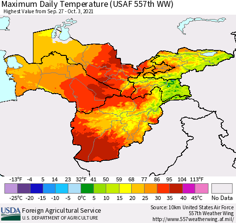 Central Asia Maximum Daily Temperature (USAF 557th WW) Thematic Map For 9/27/2021 - 10/3/2021