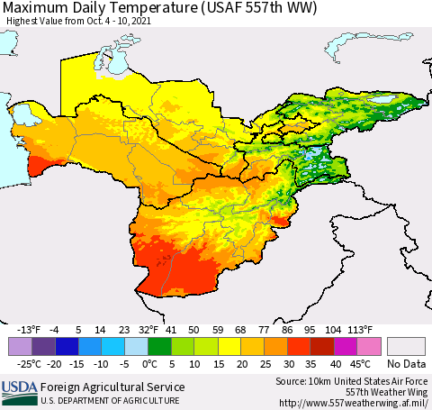 Central Asia Maximum Daily Temperature (USAF 557th WW) Thematic Map For 10/4/2021 - 10/10/2021