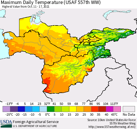 Central Asia Maximum Daily Temperature (USAF 557th WW) Thematic Map For 10/11/2021 - 10/17/2021