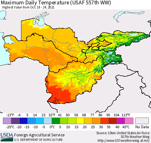 Central Asia Maximum Daily Temperature (USAF 557th WW) Thematic Map For 10/18/2021 - 10/24/2021