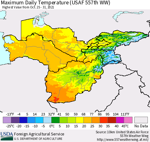 Central Asia Maximum Daily Temperature (USAF 557th WW) Thematic Map For 10/25/2021 - 10/31/2021