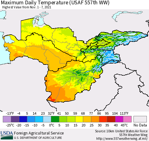 Central Asia Maximum Daily Temperature (USAF 557th WW) Thematic Map For 11/1/2021 - 11/7/2021
