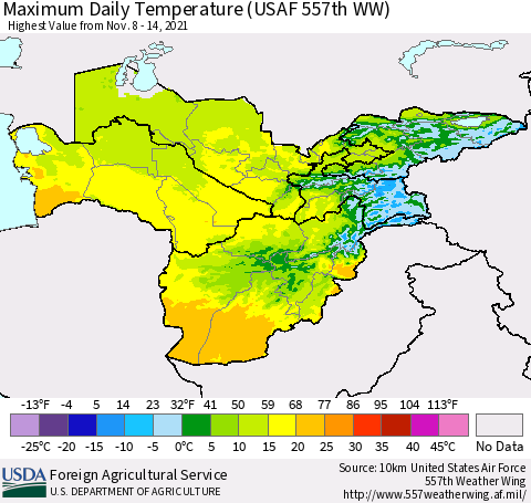 Central Asia Maximum Daily Temperature (USAF 557th WW) Thematic Map For 11/8/2021 - 11/14/2021