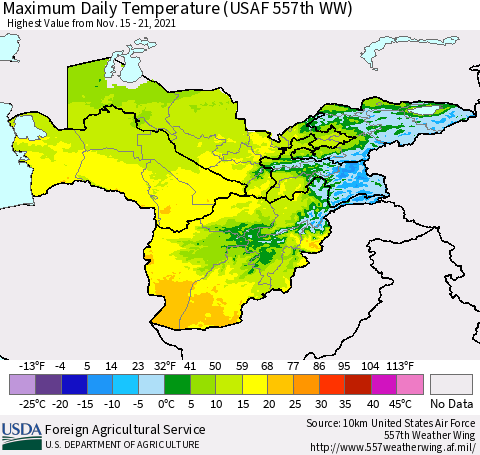 Central Asia Maximum Daily Temperature (USAF 557th WW) Thematic Map For 11/15/2021 - 11/21/2021