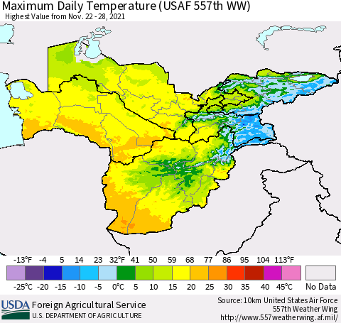 Central Asia Maximum Daily Temperature (USAF 557th WW) Thematic Map For 11/22/2021 - 11/28/2021