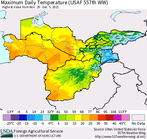 Central Asia Maximum Daily Temperature (USAF 557th WW) Thematic Map For 11/29/2021 - 12/5/2021