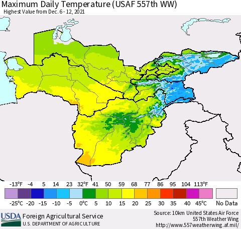 Central Asia Maximum Daily Temperature (USAF 557th WW) Thematic Map For 12/6/2021 - 12/12/2021