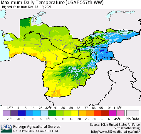 Central Asia Maximum Daily Temperature (USAF 557th WW) Thematic Map For 12/13/2021 - 12/19/2021