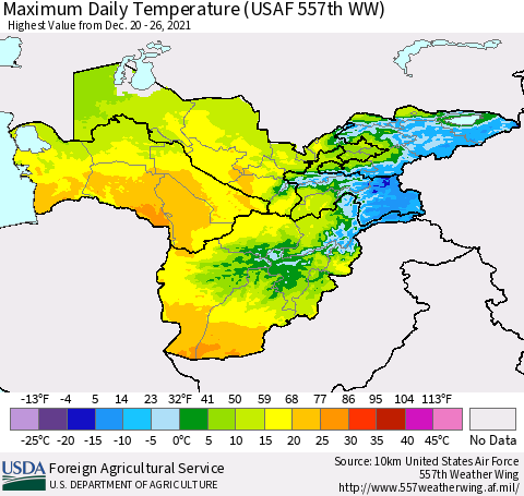 Central Asia Maximum Daily Temperature (USAF 557th WW) Thematic Map For 12/20/2021 - 12/26/2021