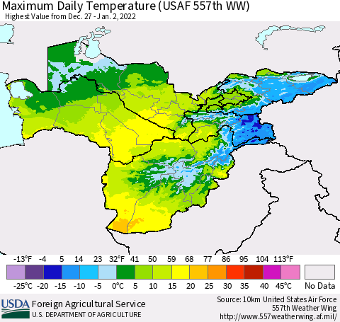 Central Asia Maximum Daily Temperature (USAF 557th WW) Thematic Map For 12/27/2021 - 1/2/2022