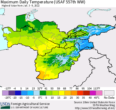 Central Asia Maximum Daily Temperature (USAF 557th WW) Thematic Map For 1/3/2022 - 1/9/2022