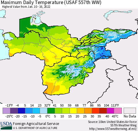 Central Asia Maximum Daily Temperature (USAF 557th WW) Thematic Map For 1/10/2022 - 1/16/2022
