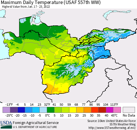 Central Asia Maximum Daily Temperature (USAF 557th WW) Thematic Map For 1/17/2022 - 1/23/2022