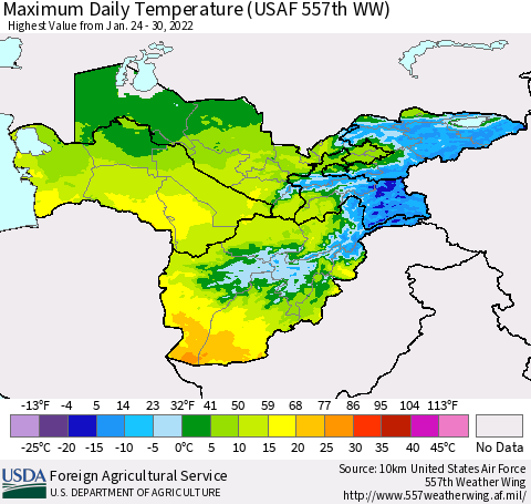 Central Asia Maximum Daily Temperature (USAF 557th WW) Thematic Map For 1/24/2022 - 1/30/2022