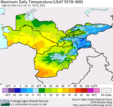 Central Asia Maximum Daily Temperature (USAF 557th WW) Thematic Map For 1/31/2022 - 2/6/2022